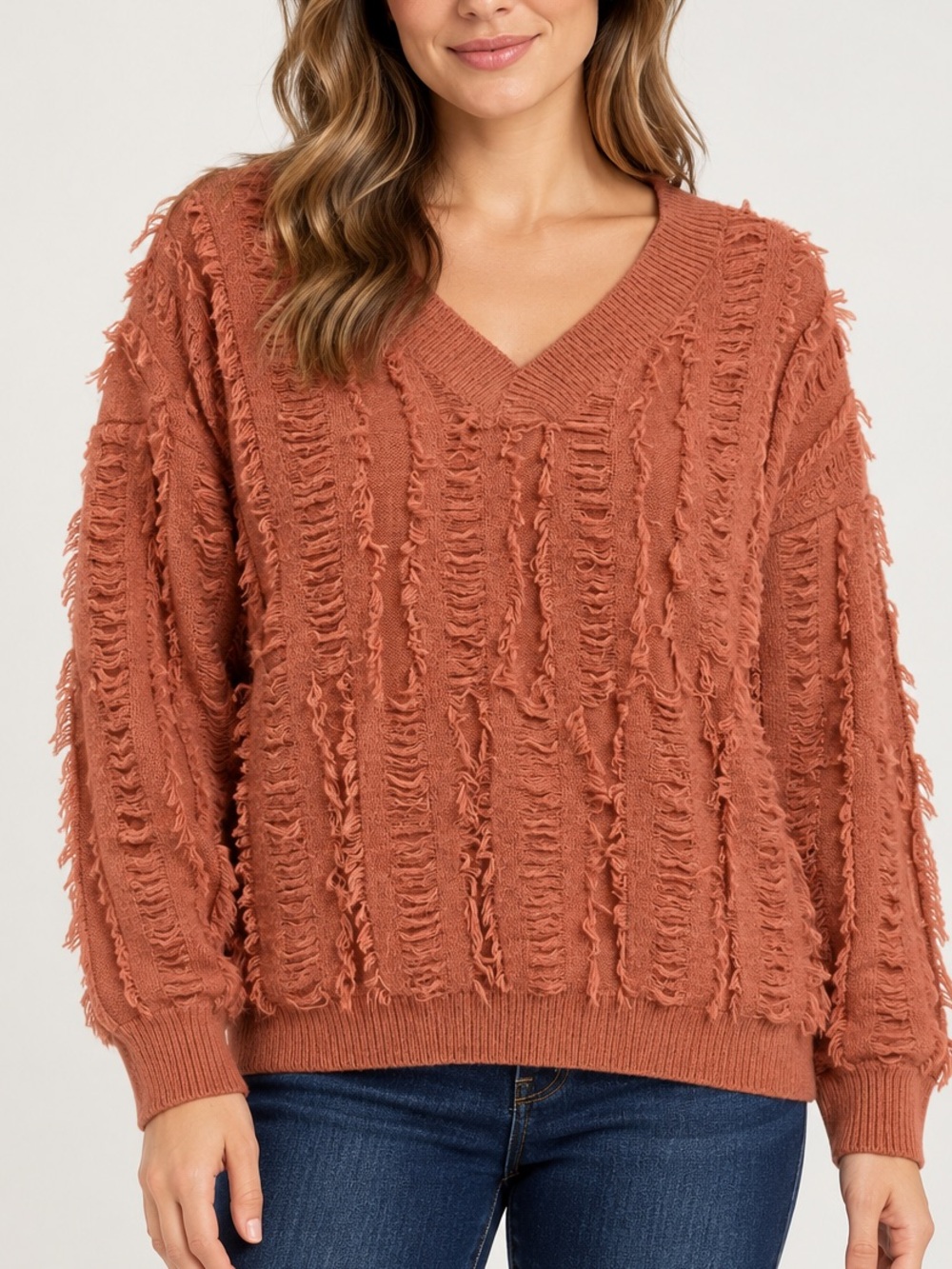 Doe & Rae Rust Orange Fringe Textured V Neck Sweater Large Boho Pullover